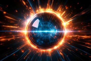 Poster - This artwork features an abstract design with a central circular element, vibrant orange and blue glows, and light beams radiating against a dark backdrop, evoking energy and motion
