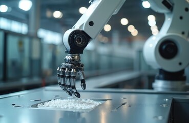 Poster - Automatic gripping by smart robot at factory. Industry 4. 0, tech. Metallic robotic arm manipulates small white parts, showing automation, precision, quality control, advanced engineering process.