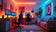 © miss irine - Futuristic gaming setup in cozy room with colorful LED strip lighting. Two monitors on desk with computer chair. Interior of modern home with sofa, plant, illuminated vibrant neon decor. Relaxing