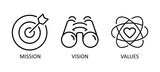 Vision, mission and values editable stroke outline icons set isolated on white background flat vector illustration. Pixel perfect. png