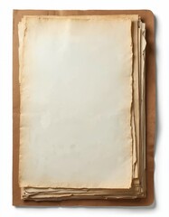 Poster - Stack of aged papers within old folder. Blank sheets with rough edges show stained textured surface. Perfect for backgrounds, documents, vintage designs for mockups. Aged look gives special retro