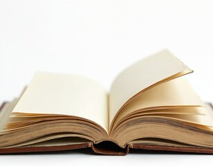 Aufkleber - Open book with blank white pages for writing, drawing. Leather hardcover binding. Empty clear surface perfect for text, design. Symbol of knowledge, literature, education. Space for creative ideas.