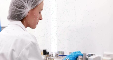 Poster - in lab, scientist in lab coat and hairnet working with animation overlay