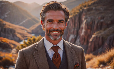 Poster - Man wearing a suit and tie is smiling in front of a mountain. Concept of confidence and happiness