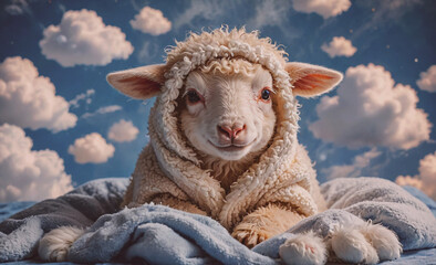 Poster - Baby sheep is wearing a fluffy coat and is laying on a blue blanket. The scene has a cozy and warm atmosphere, with the sheep looking content and comfortable