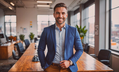 Poster - Man in a blue suit and brown pants is smiling for the camera. He is standing in front of a wooden table with a potted plant in the background