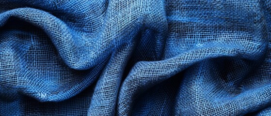 Elegant flowing blue net fabric with a delicate mesh pattern, great for luxury and high-end textile designs. Burlap fabric texture - background