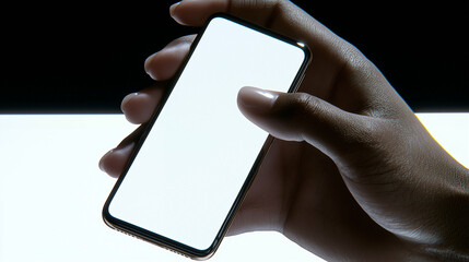 Poster - Smartphone in hand shows blank screen mobile phone smart device held by person against dark background. Mobile device displays empty screen held in hand for mockup template