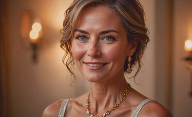 Aufkleber - Woman with a necklace and earrings is smiling. She looks happy and content. The necklace is gold and has a diamond pendant. The earrings are also gold and have a diamond design. The lighting in the