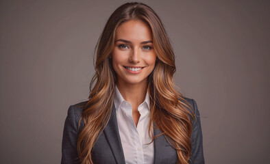 Poster - Woman with long brown hair and a business suit is smiling for the camera. She looks confident and professional
