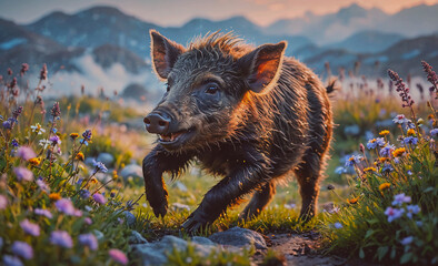 Poster - Pig is running through a field of flowers. The pig is dirty and has a happy expression on its face. The scene is peaceful and serene, with the pig enjoying the beauty of the flowers and the natural