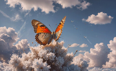 Poster - Butterfly is perched on a flower in the sky. The sky is filled with clouds, giving the image a dreamy and peaceful atmosphere