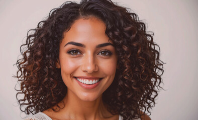 Poster - Woman with curly hair is smiling and looking at the camera. She has a bright and happy expression on her face