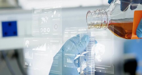 Poster - Gloved hands pouring liquid into beaker with data processing animation overlay