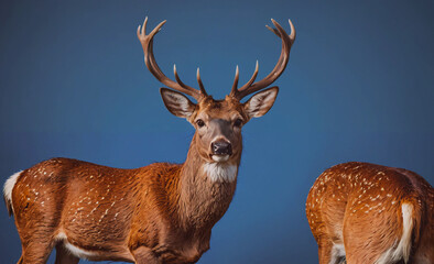 Poster - Two deer standing next to each other with one of them having its head down. The other deer has its head up and is looking at the camera