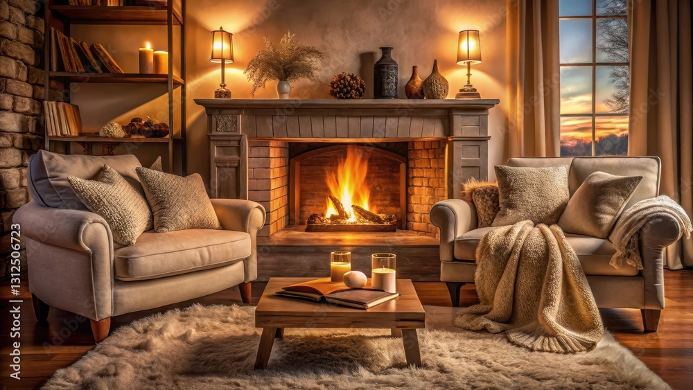 A warm and inviting living room with a crackling fireplace, surrounded by soft blankets and plush pillows, creating a cozy atmosphere on a cold winter evening , warmth, relaxation