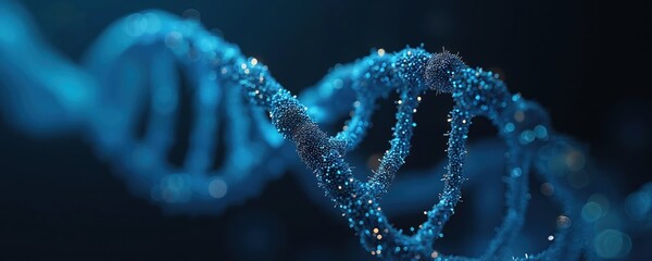 Aufkleber - A blue DNA strand helix is on a black background. The strand consists of many small dots representing complexity, intricacy, importance of DNA in life sciences, medicine, genetics.