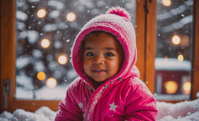 Poster - Young child is wearing a pink coat and a pink hat, sitting in the snow. The child is smiling and looking at the camera