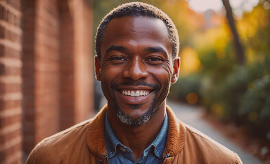 Poster - Man with a beard and a smile is standing in front of a brick wall. He is wearing a brown jacket and blue shirt