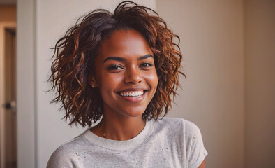 Aufkleber - Woman with curly hair is smiling and wearing a white shirt. She is standing in front of a white wall