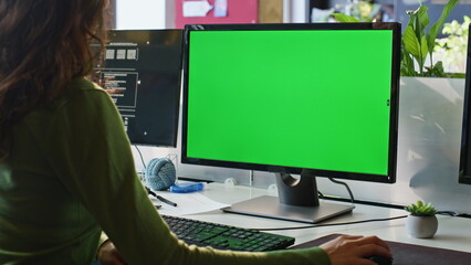 Poster - Freelancer browsing mockup pc at home workplace closeup. Businesswoman working