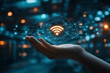 Poster - A hand holds a glowing WiFi symbol surrounded by digital elements in a futuristic space filled with blue light, illustrating modern technology and connectivity