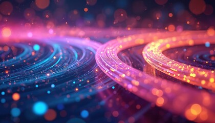 Aufkleber - Abstract 3D rendering background featuring colorful innovative tech with fiber optic cables. Blue, pink, orange colours. Backdrop network, communication, data transfer, AI development, high speed