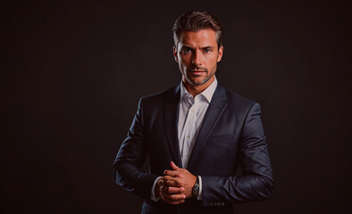 Poster - Man in a suit and tie poses for a photo. He is wearing a watch and has his hands on his hips. The image has a serious and professional mood