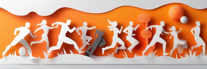 Aufkleber - Dynamic paper cutout design featuring running figures and gym equipment in energetic sports themed illustration