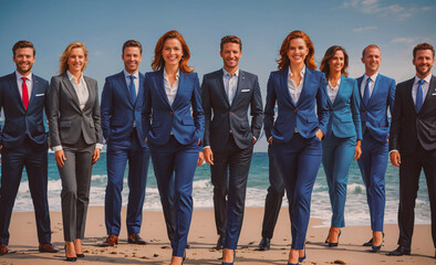 Poster - Group of people wearing suits and ties are standing on a beach. Scene is professional and formal