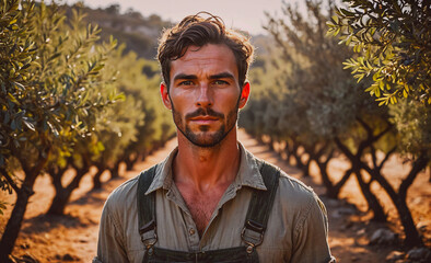 Aufkleber - Man is standing in a field of olive trees. He is wearing a green shirt and a pair of overalls