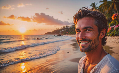 Aufkleber - Man with a beard and a smile is standing on a beach with the sun setting in the background