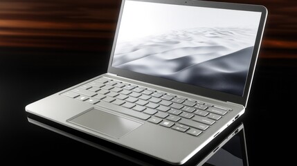 A modern silver laptop displays a landscape image on its screen