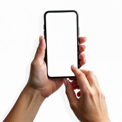 Poster - Woman holds smartphone with white blank screen. Finger touches display. Modern mobile phone isolated on white background. Hand using touchscreen, app. Mockup cell for website content placement.