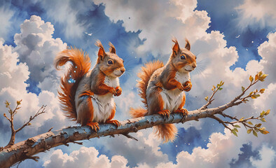 Poster - Two squirrels are sitting on a branch in the sky. The sky is cloudy and the sun is shining through the clouds