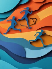 Fototapete - Running figures in dynamic paper cutout illustration showcasing energetic movement and gym equipment in a vibrant sports themed design
