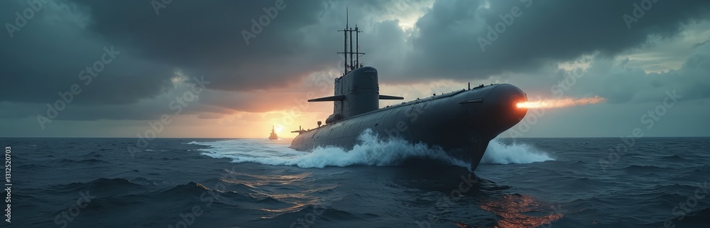 Military submarine launches torpedo missile in open sea at sunset ...