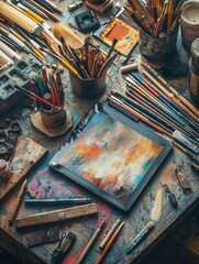 Aufkleber - Creative tools scattered across an artistic workspace revealing brushes, pencils, and digital tablets in a vibrant environment