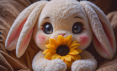 Poster - Stuffed rabbit holding a yellow flower. The rabbit is cute and cuddly, and the flower adds a touch of whimsy to the scene