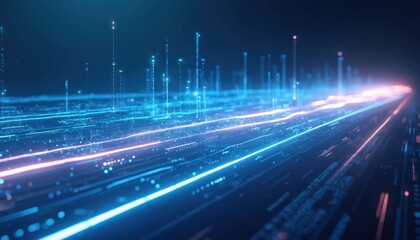Poster - Tech roadmap abstract blue background. Futuristic digital network, data flow concept. Information technology banner, neon glowing lines, dots, cyberspace backdrop, communication design, engineering
