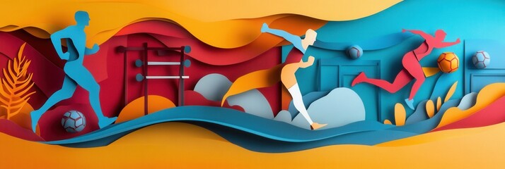 Aufkleber - Dynamic sports themed illustration with paper cutout figures engaging in various athletic activities and gym equipment