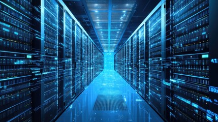 Poster - A futuristic data center with glowing blue server racks extending into the distance, symbolizing cloud computing, cybersecurity, and digital technology. Ideal for IT, networking, and high-tech themes