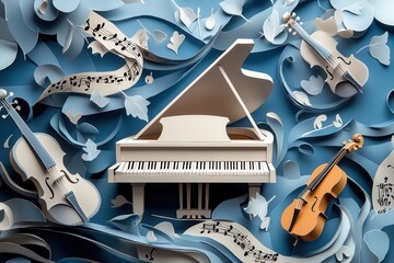 Poster - Masterful paper craft artwork showcasing dynamic musical notes surrounding a grand piano, violins, and trumpets in a harmonious arrangement