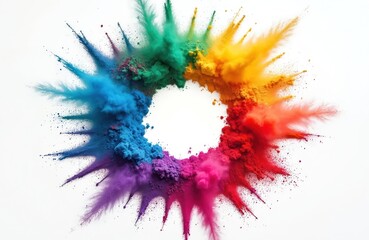 Poster - Explosion of rainbow powder colors isolated on white background. Colorful splash burst, vibrant smoke. Abstract texture, paint splatter, ash, glowing, blooming ink, spray. Cosmic holi concept.