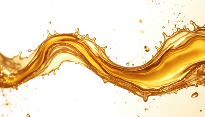 Poster - Golden liquid splash isolated on white backdrop. Yellow oil wave, splashing. Engine lubricant gasoline. 3D rendering with fresh luxury texture. Colors of orange, olive. Metal motion. Perfect addition