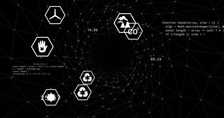 Poster - Environmental symbols in hexagonal icons on animation of digital network background