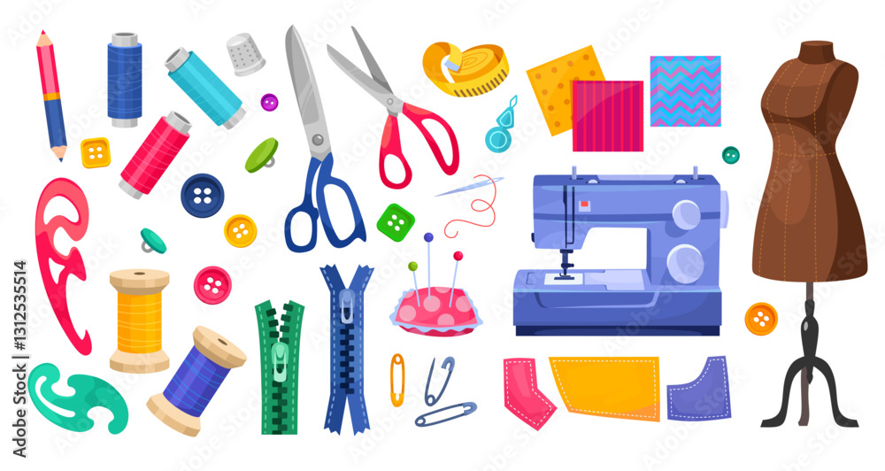 Creative sewing tools and craft supplies layout for fashion design and ...