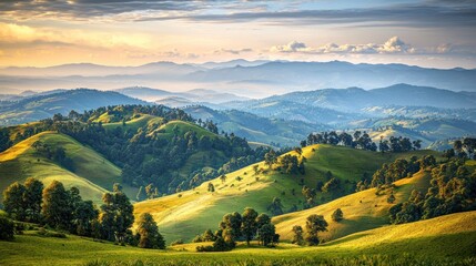  Serene mountain landscape, rolling hills, golden sunset, hazy distant peaks