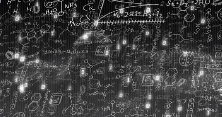 Poster - Animation of scientific formulas and molecular structures over digital binary code background