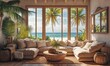 © Galina - Cozy beachside living room with ocean view and tropical decor.